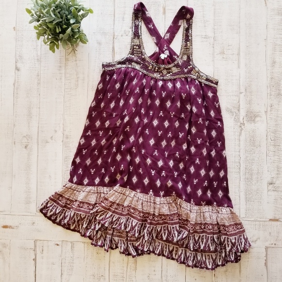 En Creme Eggplant Embellished Boho Hippie Day Dress - Picture 2 of 8